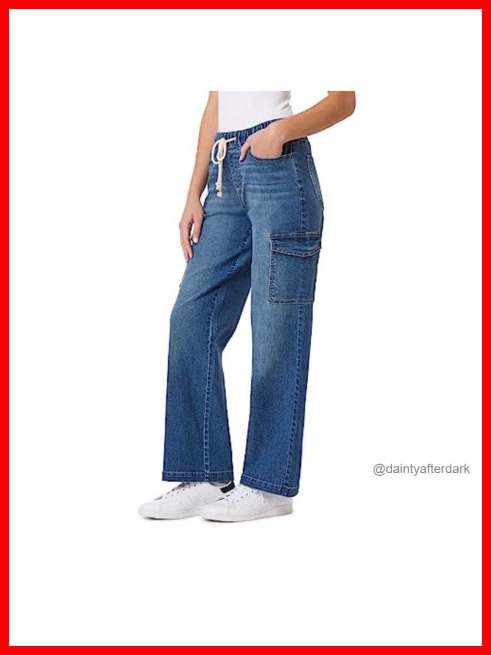 Mid-Rise Cargo Jeans Relaxed Fit Drawstring Stretch Denim